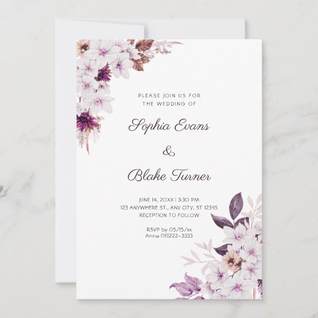 Convites Casamento Branco Rústico e Flores Rosas Boho Branc (Frente)