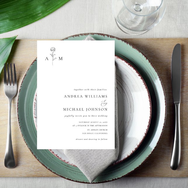 Convites Casamento Branco Simples Monograma Botânico Ampers (Criador carregado)