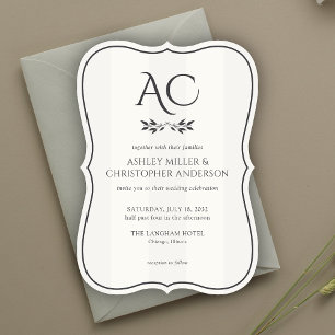Convites Casamento branco suave e liso de monograma minimal