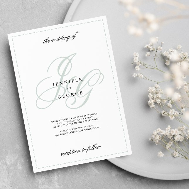 Convites Casamento branco verde da horta do monograma elega (Elegant monogram initials mint green white wedding )