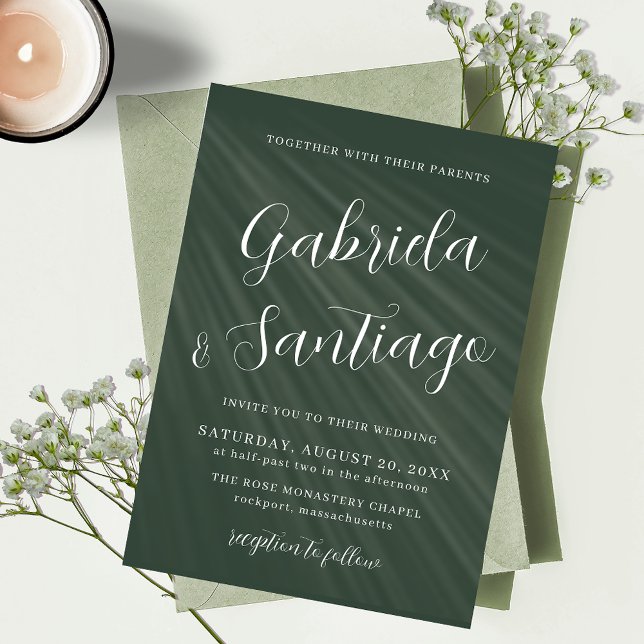 Convites Casamento Branco Verde Escuro Simples (Criador carregado)