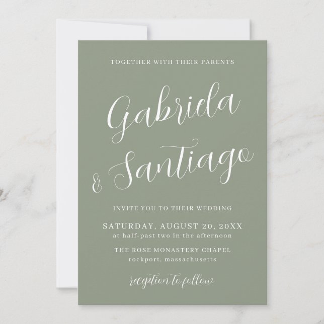 Convites Casamento Branco Verde Sage com Script Simples (Frente)