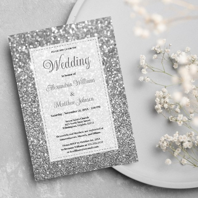 Convites Casamento brilhante com brilho de prata (Glamorous silver sparkly glitter Wedding )