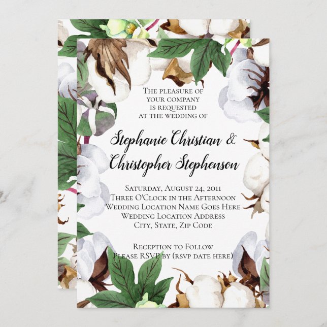 Convites Casamento Brilhante De Algodão Bloom Watercolor (Frente/Verso)