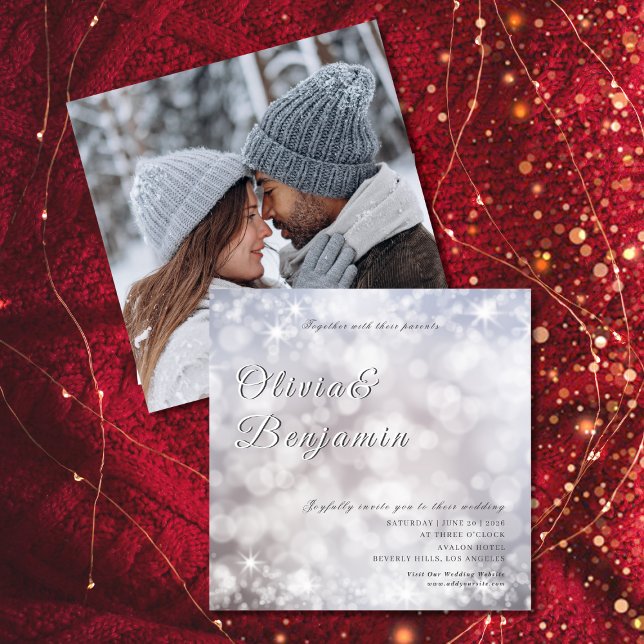 Convites Casamento brilhante de foto com brilho de prata (Elegant Silver Glitter Photo Classic Wedding Invitation)