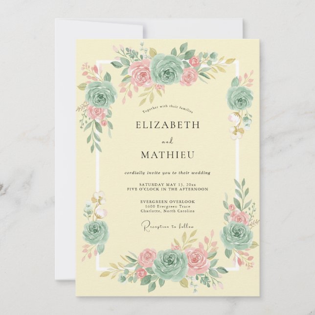 Convites Casamento Brilhante de Primavera Rosa Azul (Frente)