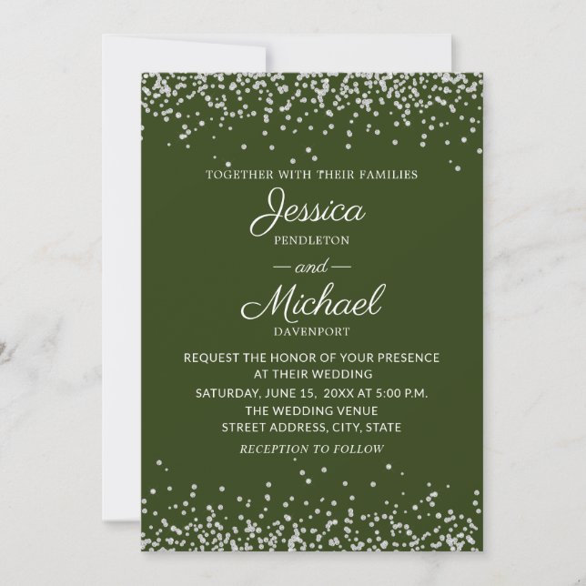 Convites Casamento Brilhante Verde Prata Moderno e Elegante (Frente)
