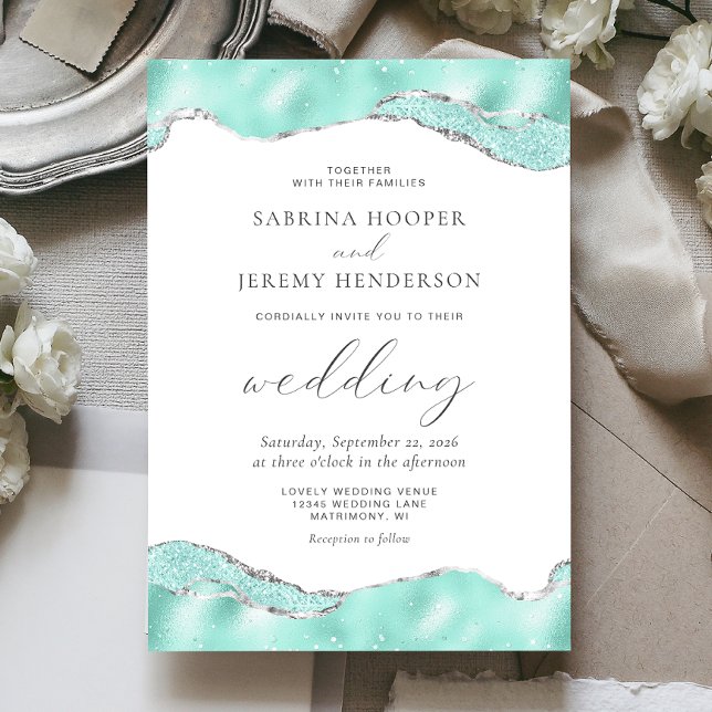 Convites Casamento Brilho de Folha de Prata Aqua Branco (Criador carregado)