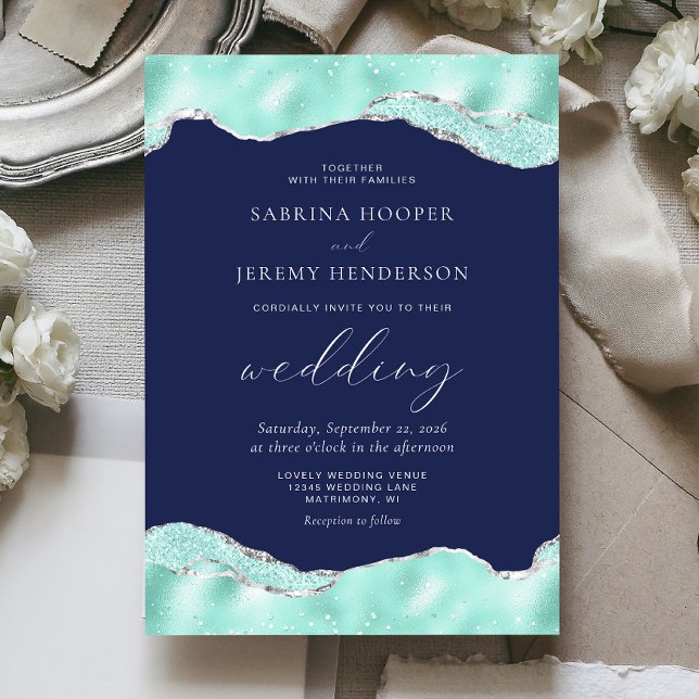 Convites Casamento Brilho de Folha de Prata Azul Aqua (Criador carregado)