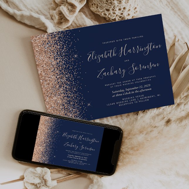 Convites Casamento Brilho de Pêssego Azul Marinho Moderno (Criador carregado)