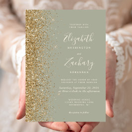Convites Casamento Brilho Dourado em Verde Salvia