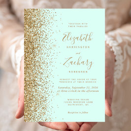 Convites Casamento Brilho Dourado Verde Menta