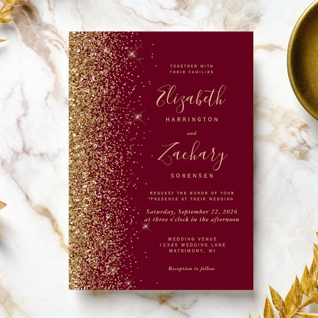 Convites Casamento Brilho Dourado Vermelho Borgonha (A perfect choice for a burgundy and gold themed wedding.)