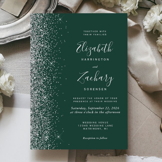 Convites Casamento Brilho Falso Prata Verde Esmeralda Moder (Criador carregado)