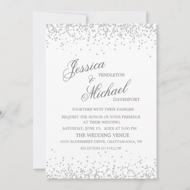 Convites Casamento Brilho Prata Branco Elegante (Frente)
