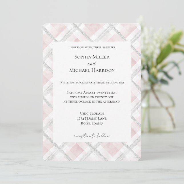 Convites Casamento Brilho Rosa Bege Branco Prata (Em pé/Frente)