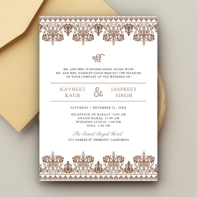 Convites Casamento Brown Damask Border Anand Karaj Sikh (Criador carregado)
