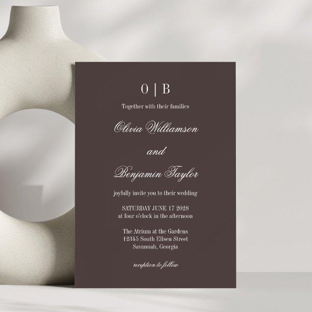 Convites Casamento Brown de Café Clássico Monograma Minimal (Criador carregado)