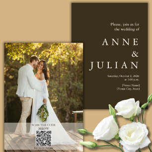 Convites Casamento Brown Escuro com uma foto e um Código QR