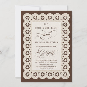 Convites Casamento Brown Ivory Lace Monogram Old Money