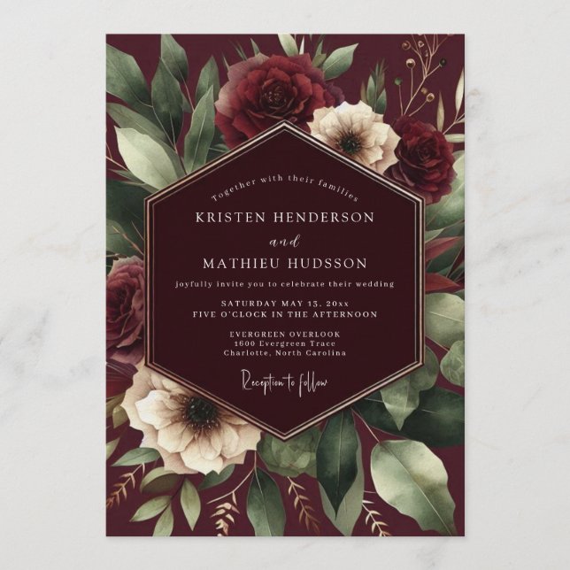Convites Casamento Burgundy Baroque Bloom (Frente)