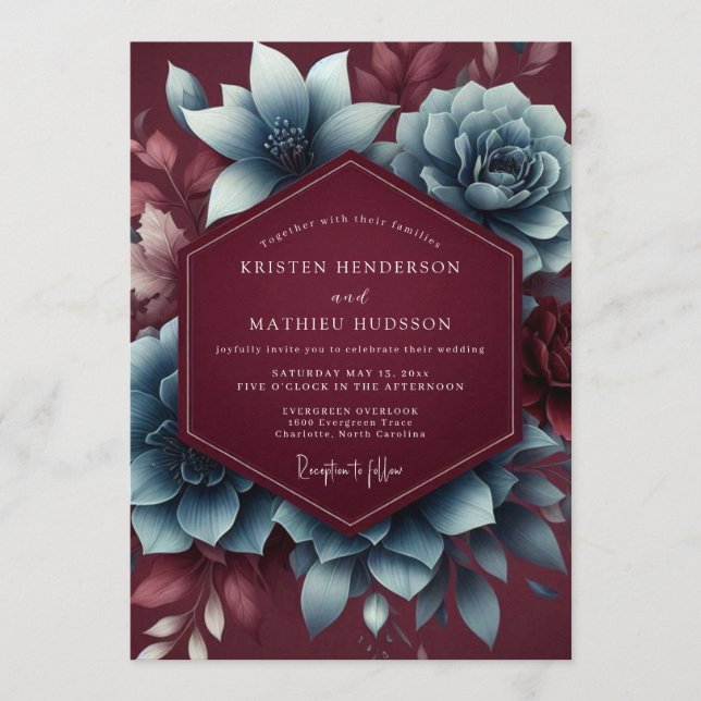 Convites Casamento Burgundy & Blue Moody Bloom (Frente)