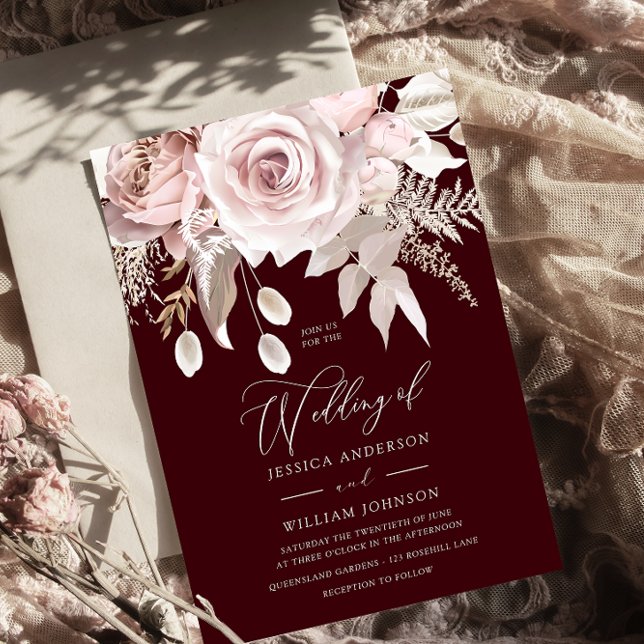 Convites Casamento Burgundy & Blush Designer Rosa Empoeirad (Criador carregado)