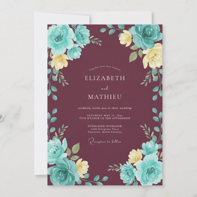 Convites Casamento Burgundy com Folhas de Teal (Frente)