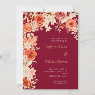Convites Casamento Burgundy de Rosas Laranja e Brancas Româ