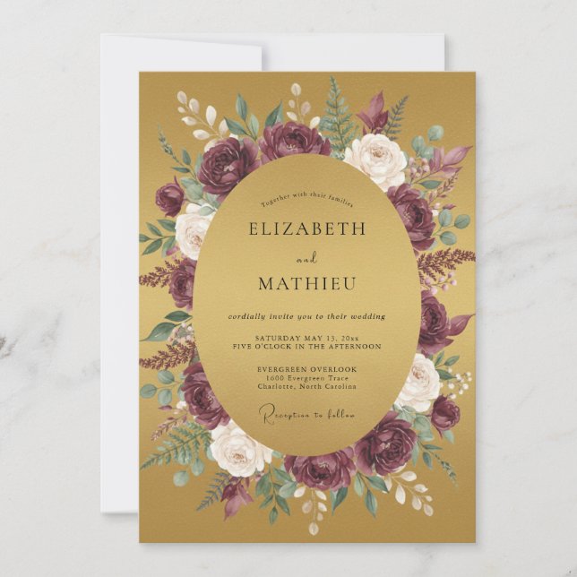 Convites Casamento Burgundy Dourado de Outono (Frente)