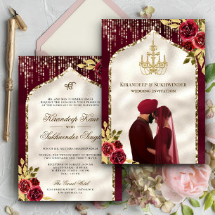 Convites Casamento Burgundy Dourado Floral Anand Karaj Sikh