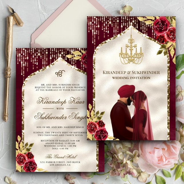 Convites Casamento Burgundy Dourado Floral Anand Karaj Sikh (Criador carregado)