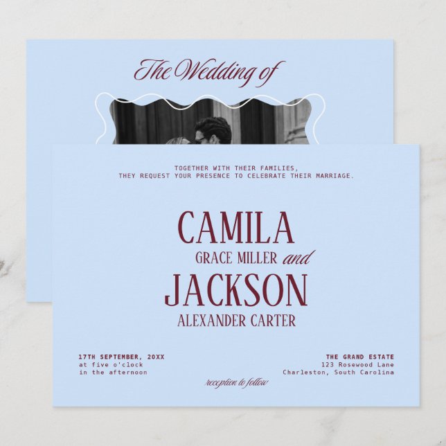 Convites Casamento Burgundy e Azul Frio (Frente/Verso)