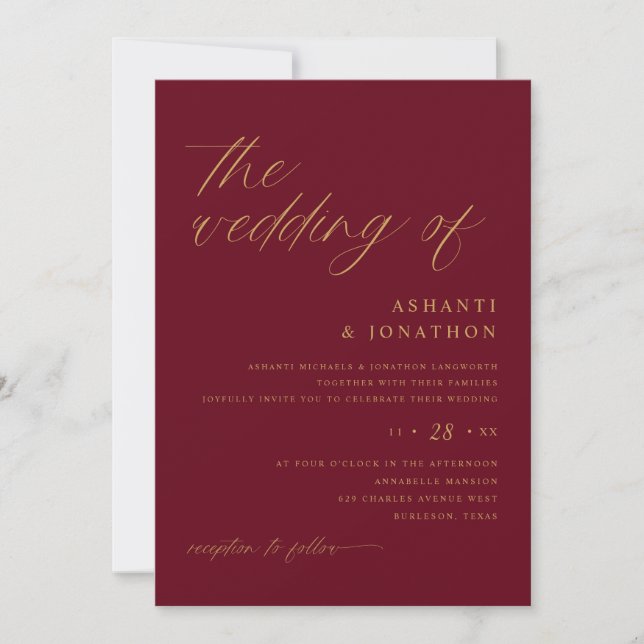 Convites Casamento Burgundy e Dourado Moderno Romântico (Frente)