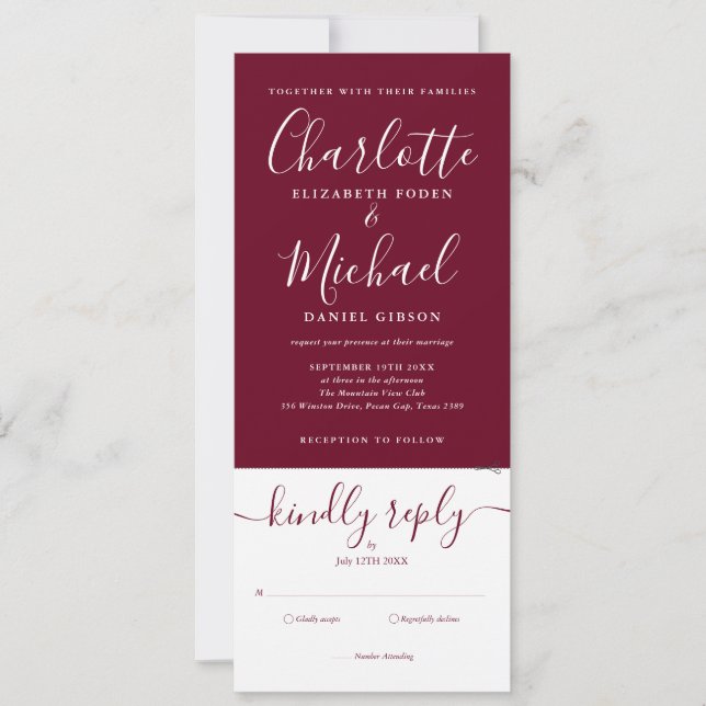 Convites Casamento Burgundy Elegant Script Tudo Em Um (Frente)