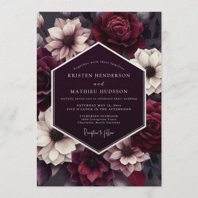 Convites Casamento Burgundy Elegante de Outono (Frente)