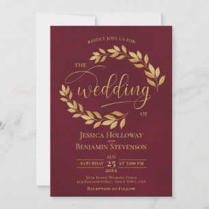 Convites Casamento Burgundy Elegante Folhas Douradas Rústic