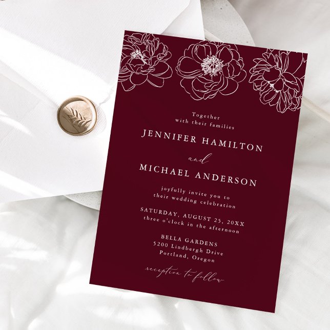 Convites Casamento Burgundy Floral Delicado (Criador carregado)