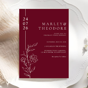 Convites Casamento Burgundy Floral Desenhado à Mão Elegante