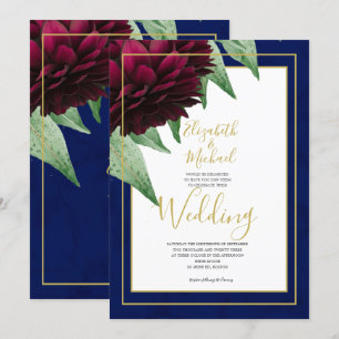 Convites Casamento Burgundy Floral Navy Dourado Elegante Ch