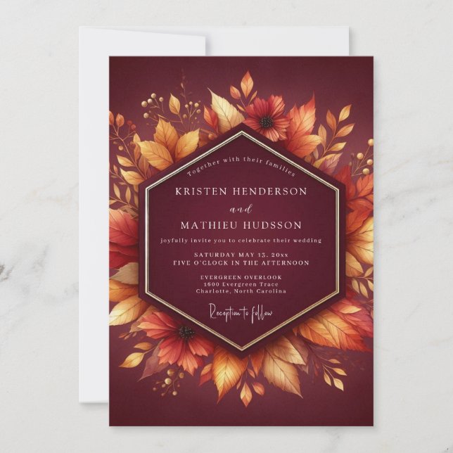 Convites Casamento Burgundy Floral Outonal (Frente)