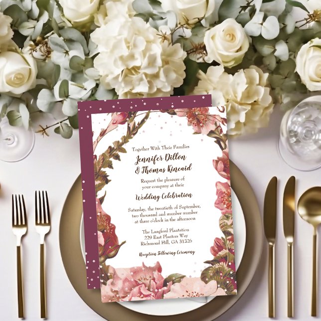 Convites Casamento Burgundy Floral Rústico (Criador carregado)