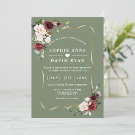 Convites Casamento Burgundy Floral Sage Verde Tudo Em Um  