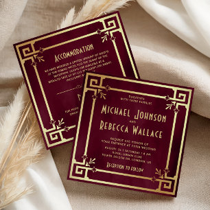 Convites Casamento Burgundy Gold Art Déco Tudo em Um