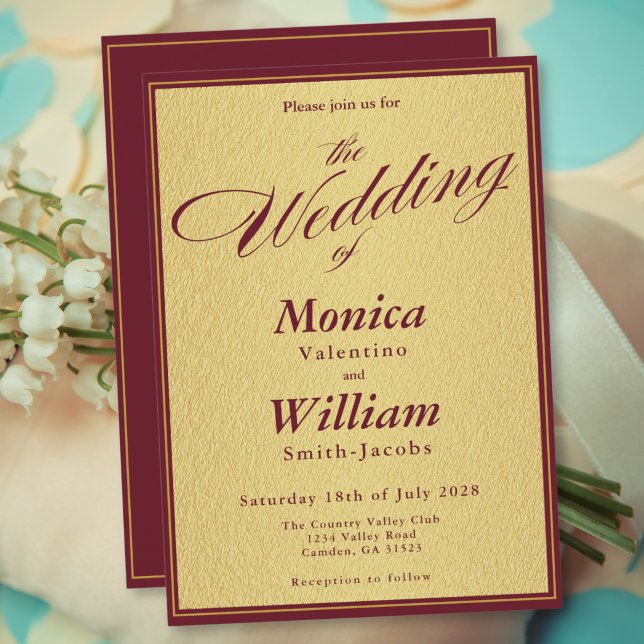 Convites Casamento Burgundy Gold Elegant Script  (Criador carregado)