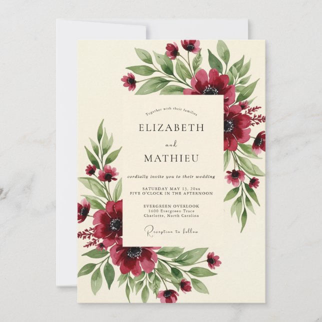 Convites Casamento Burgundy Ilustre Outonal (Frente)