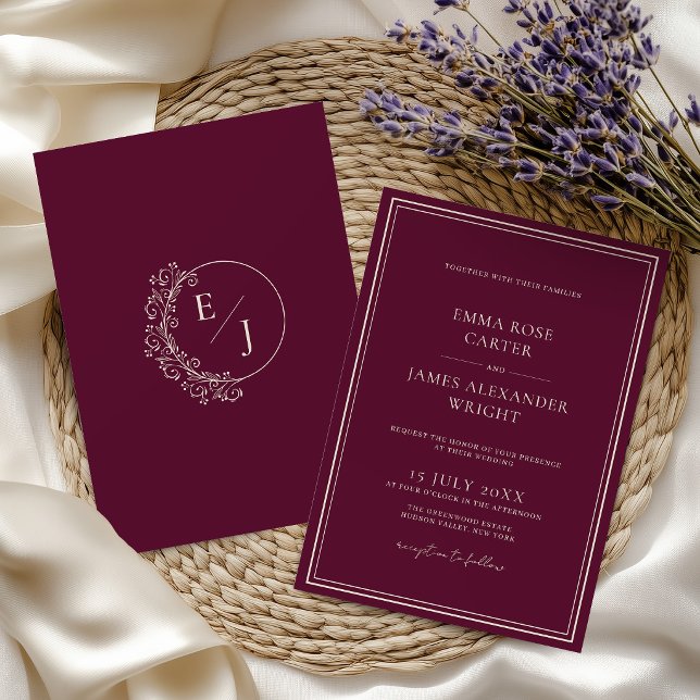 Convites Casamento Burgundy Luxuoso e Clássico (Criador carregado)
