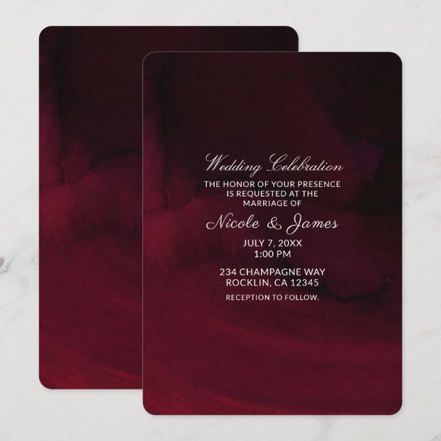 Convites Casamento Burgundy Marrom Moderno com Aquarela (Frente/Verso)