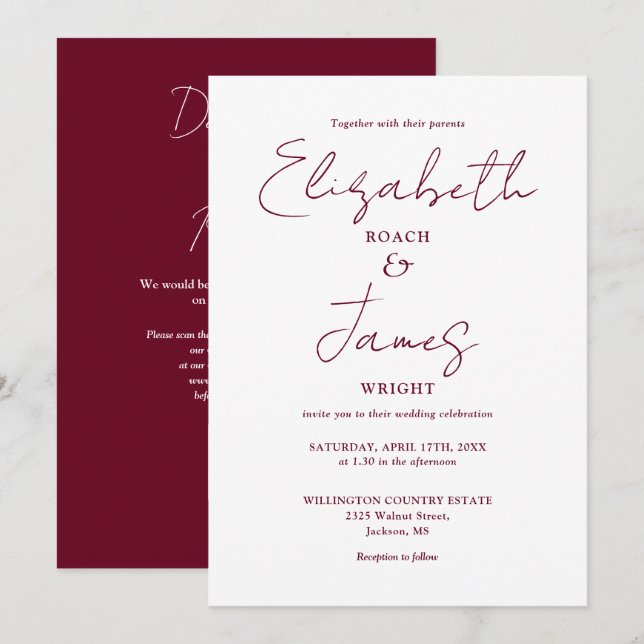 Convites Casamento Burgundy Minimalista Elegante Código QR (Frente/Verso)