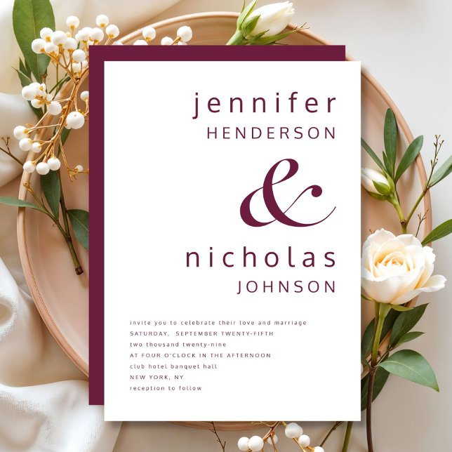 Convites Casamento Burgundy Moderno Elegante (Elegant Modern Burgundy Wedding Invitation)